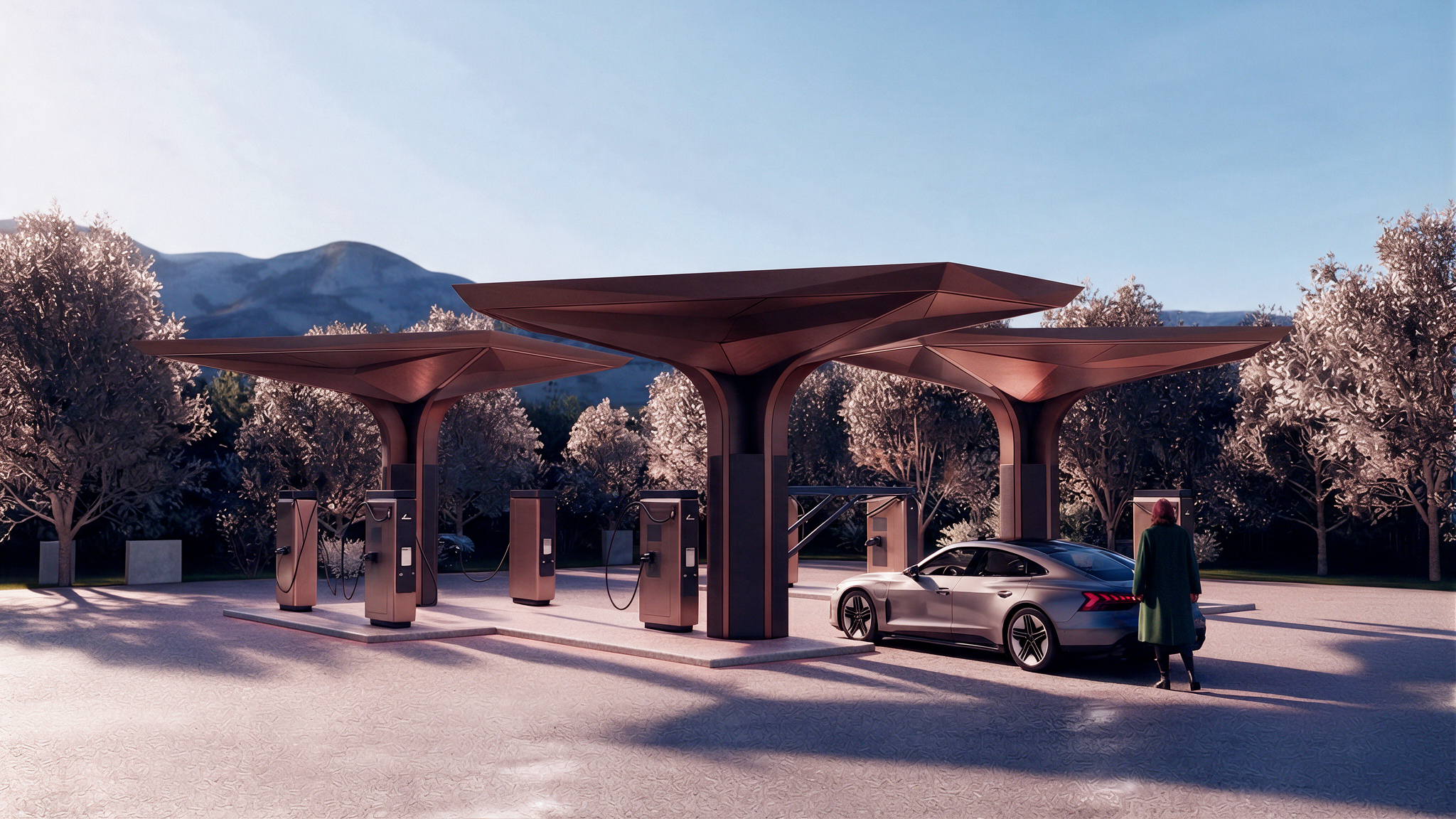 EV charging hub with battery storage: chargers under copper canopies, a car charging
